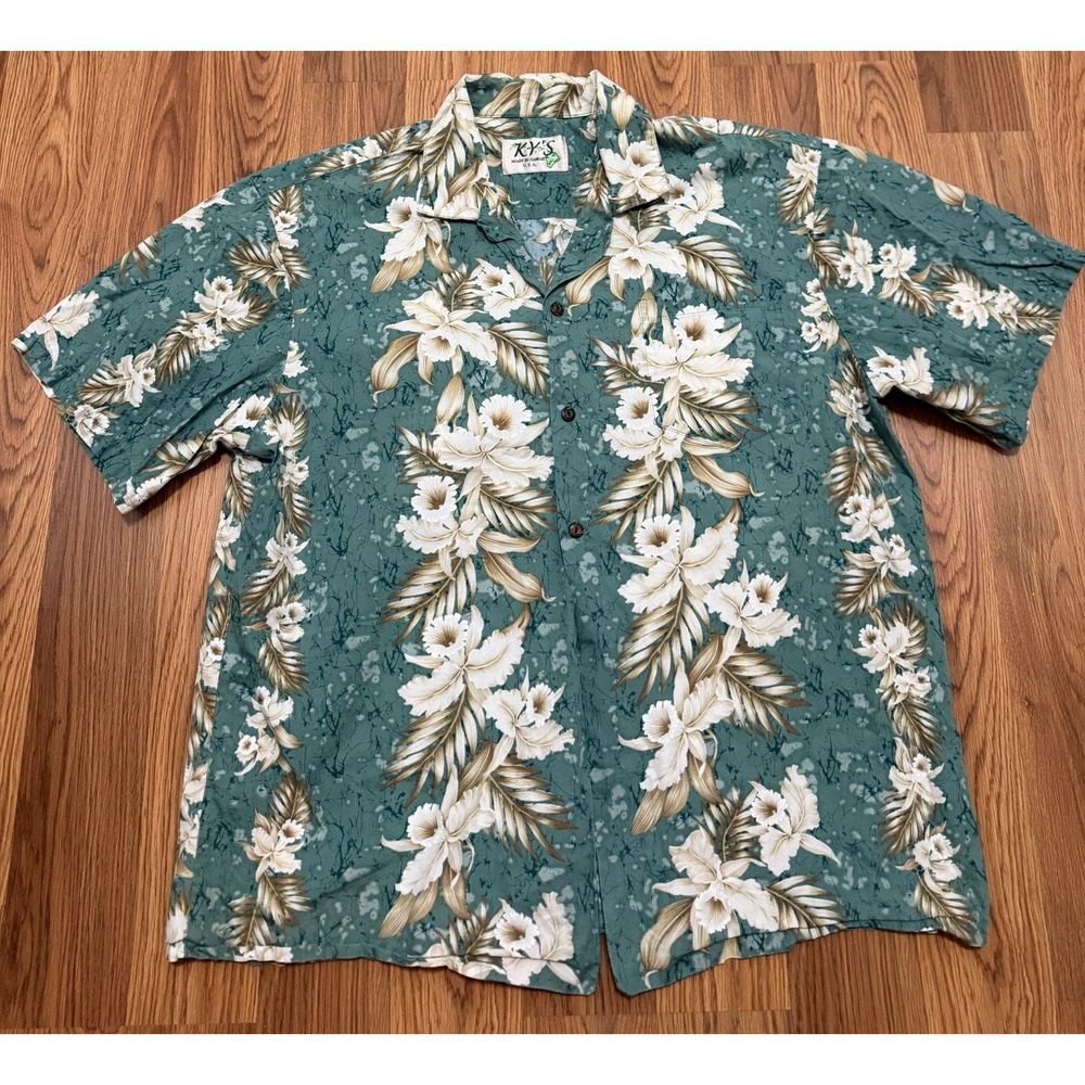 KY'S Hawaiian Shirt Mens Extra Large Hibiscus Floral Aloha Made In Hawaii USA